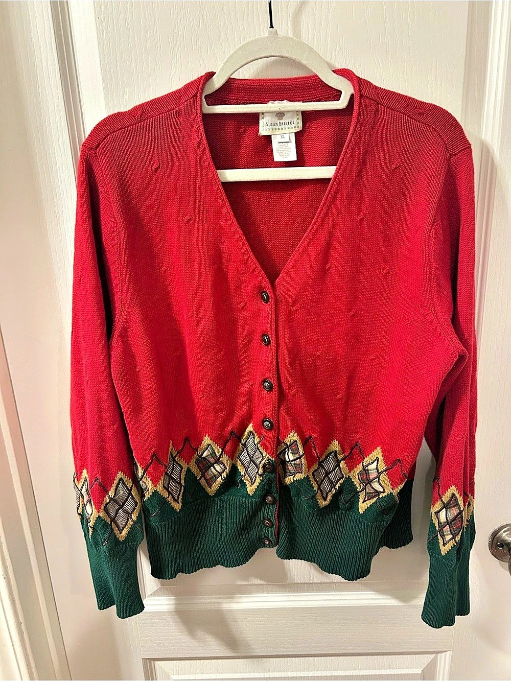 Susan Bristol Geometric Cardigan in Red & Green Size XL